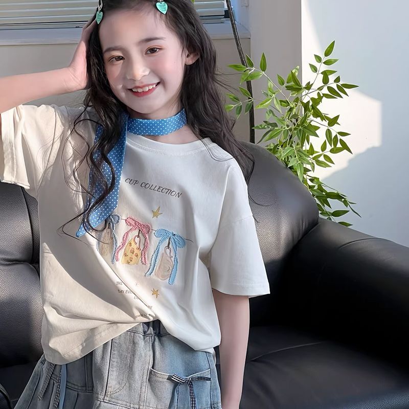 Crianças versão coreana vestido de verão verão doce manga curta camiseta novo estilo meninas impresso puro algodão estil