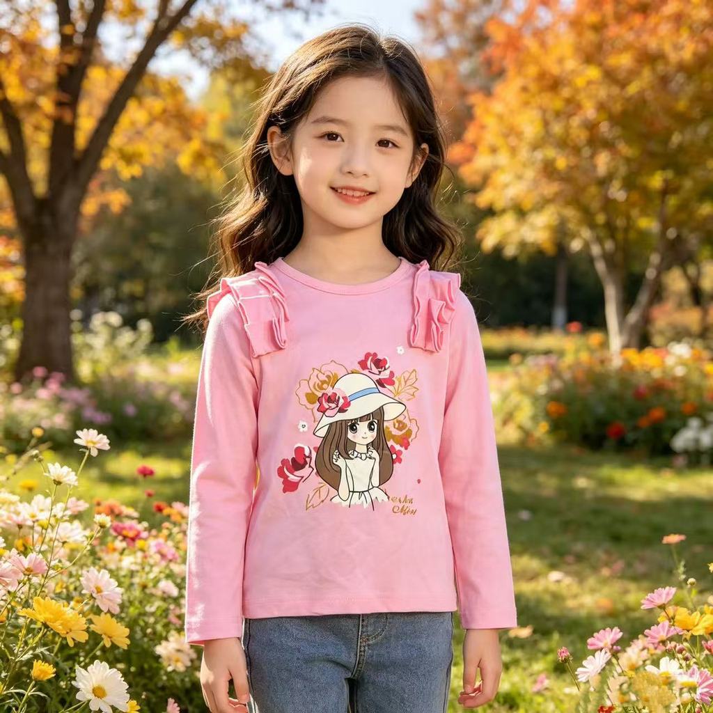 Meninas fungo borda dos desenhos animados camiseta de manga comprida primavera outono rosa crianças puro algodão camisa 