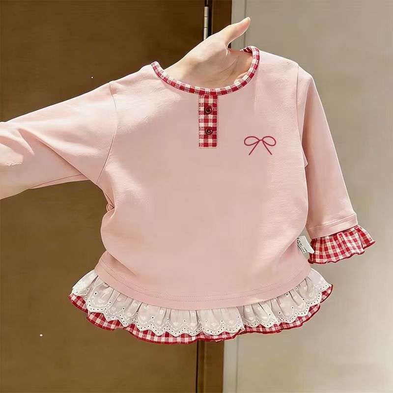 Meninas moda manga comprida camiseta 2026 primavera outono novo estilo crianças bebê costura renda verificado Bottoming 