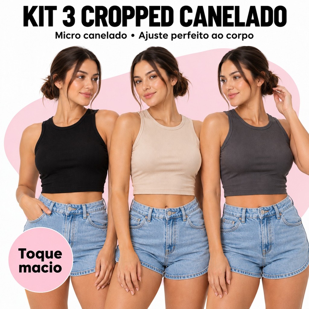 Kit 3 Cropped Regata Canelada Feminina Microfibra Gola Redonda Básico Casual Blusinha Cropped Top Academia Verão