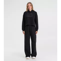 Calça Wide Leg Moletom Peluciado Básico Rovitex Preto