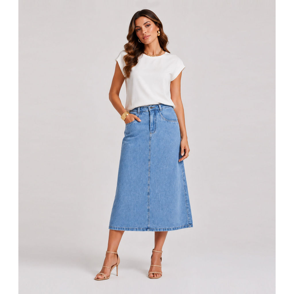 Saia Midi Feminina Jeans Reta Sem Fenda Lumix Azul