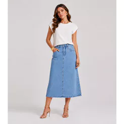 Saia Midi Feminina Jeans Reta Sem Fenda Lumix Azul