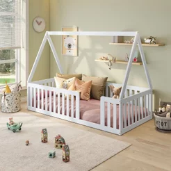 Cama Montessoriana Solteiro com Grade e Telhado Giulia Casatema MadeiraOriginals Branco Branco