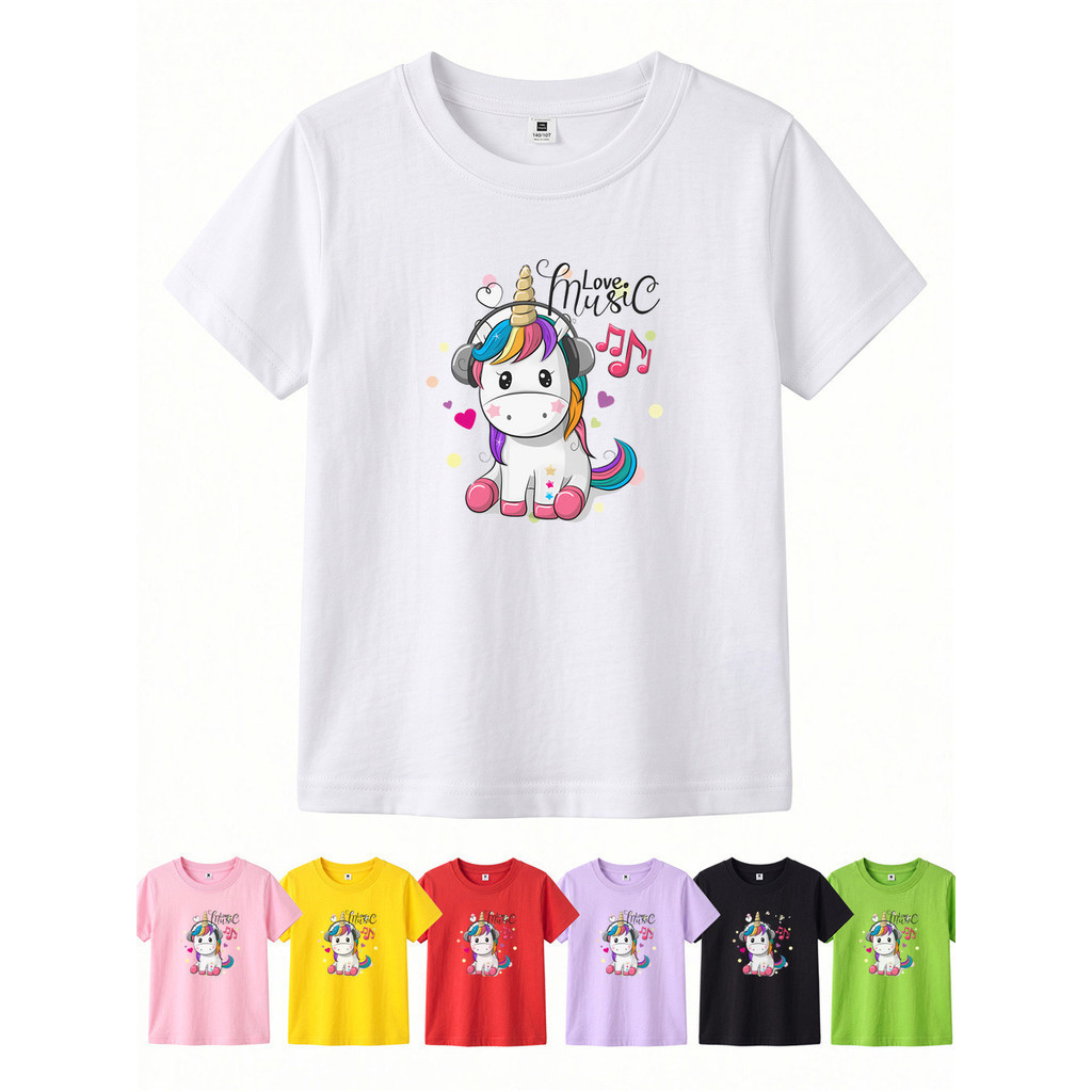 Meninas 100 % Algodão Manga Curta Camiseta Bonito Música Unicórnio Fone De Ouvido Dos Desenhos Animados Casual Idade 3-1