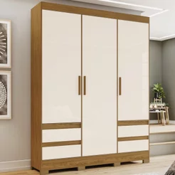 Guarda Roupa Solteiro 3 Portas 4 Gavetas Lema Briz Marrom/Nature/Off White Nature/Off White