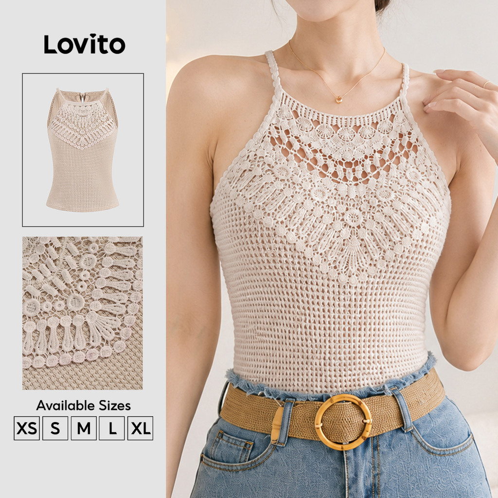 Lovito Top Boho com Babado No Decote e Amarração Nas Costas Lazer Primavera/verão Damasco para Mulheres TKB202P2D183