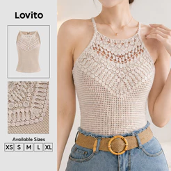 Lovito Top Boho com Babado No Decote e Amarração Nas Costas Lazer Primavera/verão Damasco para Mulheres TKB202P2D183