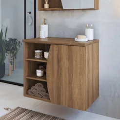 Gabinete de Banheiro Suspenso 70cm Laura com 1 Porta e 2 Prateleira sem Cuba Marrom/Mel