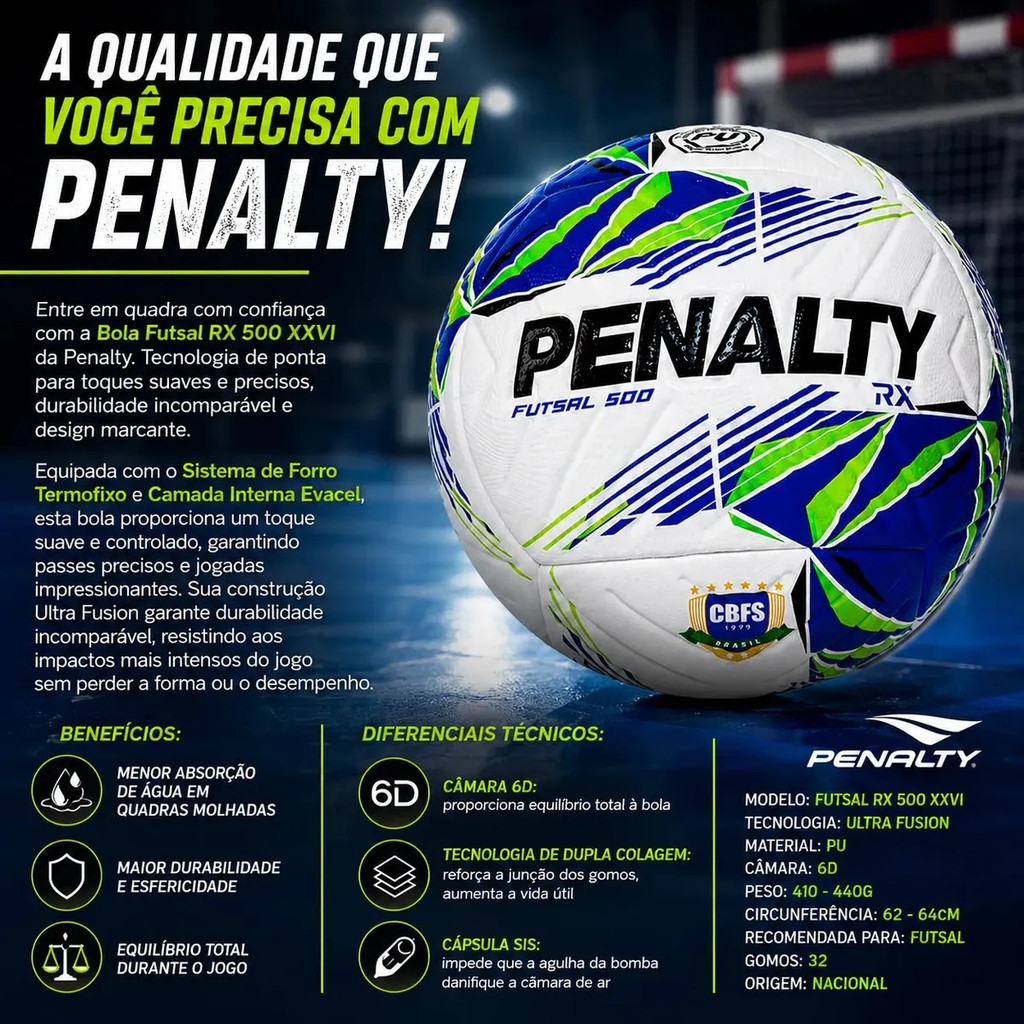 Bola de Futsal Penalty RX 500 XXVI Tamanho 5 Branca e Azul para Futebol de Salão Jogos e Treino em Quadra Esportiva