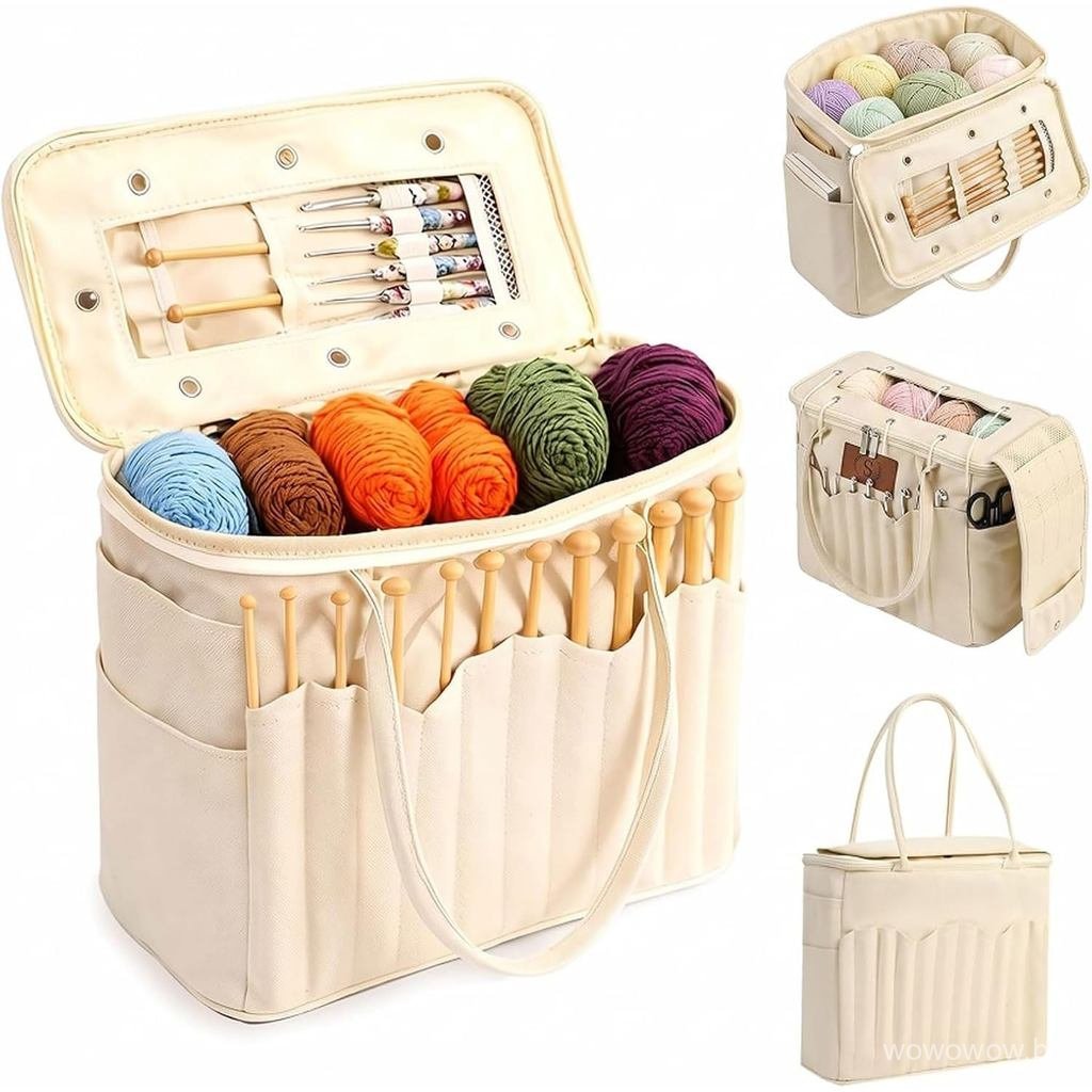 Bolsa de armazenamento de fios de crochê em lona, com bolsos para agulhas, organizador de crochê em lona, suporte para m