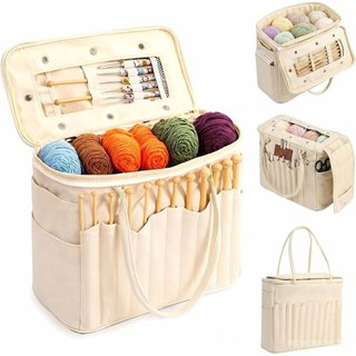 Bolsa de armazenamento de fios de crochê em lona, com bolsos para agulhas, organizador de crochê em lona, suporte para m