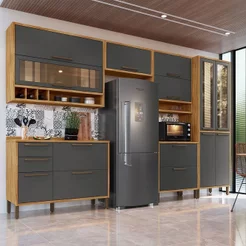 Cozinha Completa Modulada 100% MDF 6 Peças 12 Portas 4 Gavetas e Vidro 354cm Vicenza Espresso Móveis Amêndoa/Chumbo