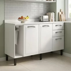 Balcão de Cozinha em Aço 3 Portas e 2 Gavetas com Toalheiro sem Tampo 140cm New Premium Itatiaia Branco