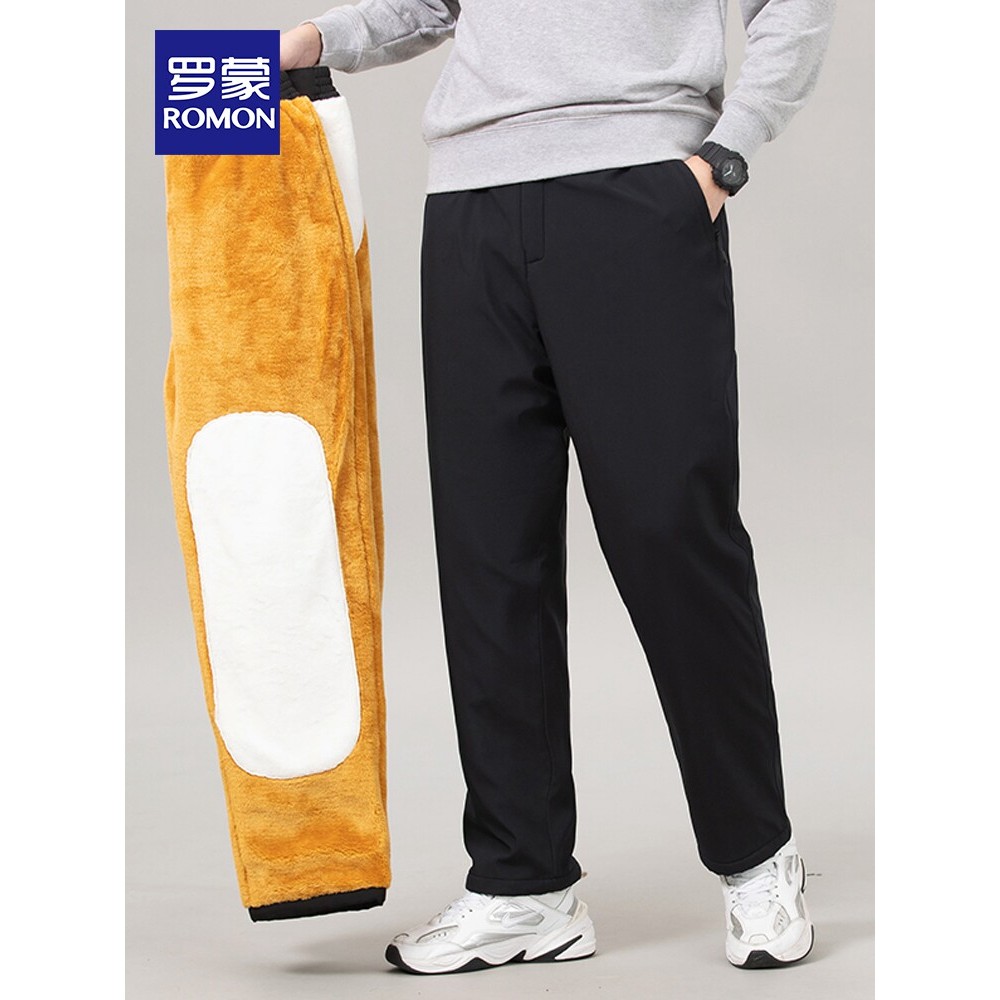 Lomon calças de algodão masculinas para idosos de meia-idade pai roupas de inverno soltas veludo engrossado calças retas