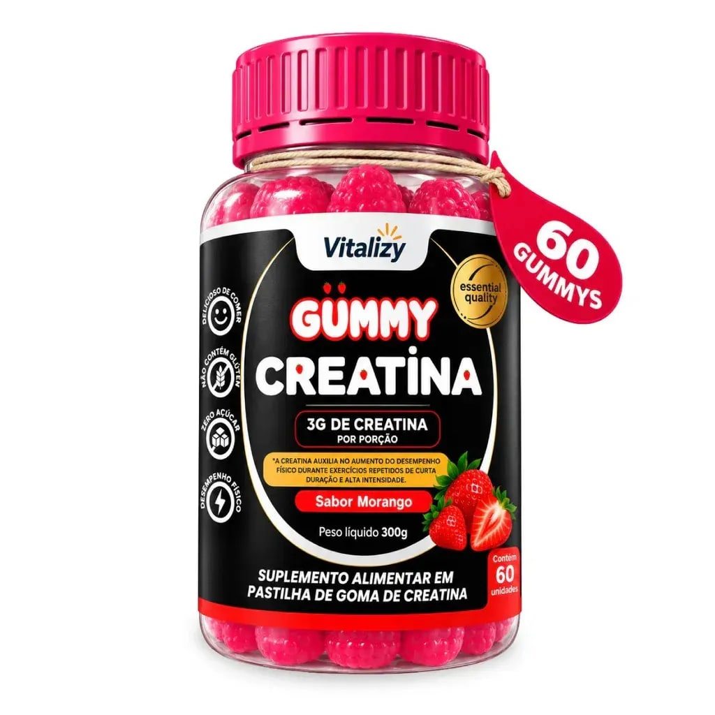 Creatina em Goma Gummy 3g Zero Açúcar 60 Gomas Sabor Morango Vitalizy
