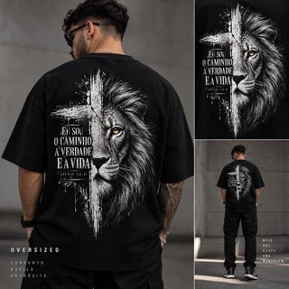 Camiseta algodao premium Oversized Masculina Gospel Leão de Judá Jesus Cristo Algodão Premium manga longa