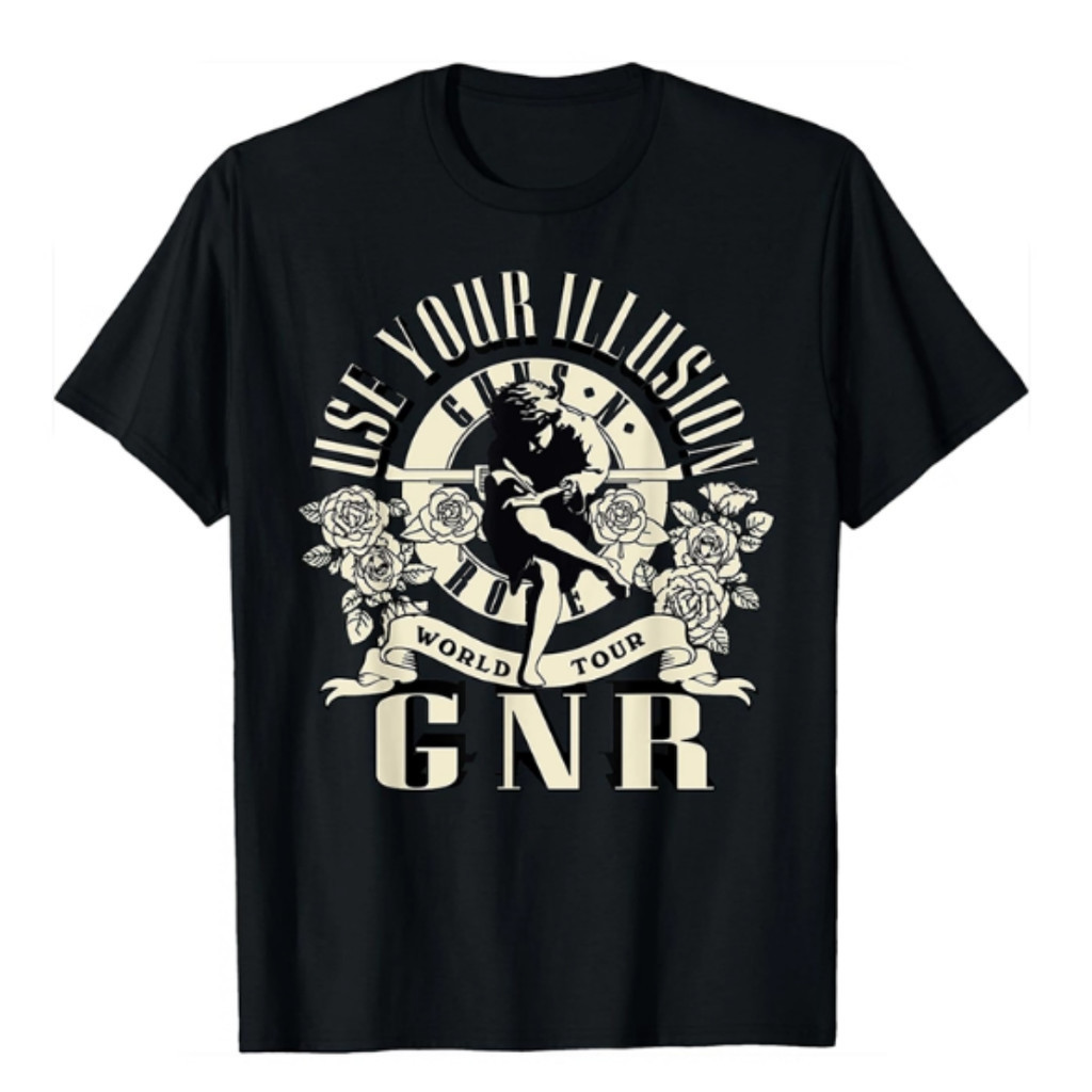 [Camiseta Vintage Masculina Algodão]VIB Masculina Com Estampa Clássica Da Turnê "USE YOUR ILLUSION" Do Guns N' Roses