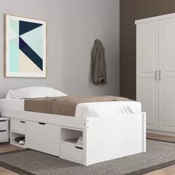 Cama Solteiro com 3 Gavetas e 1 Mesa de Cabeceira Charme Branco/Lavado Branco Lavado