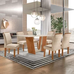 Conjunto Mesa de Jantar 6 Cadeiras MDF Plus 160x80cm Luisa Yescasa Off White Cinamomo Cinamomo/Off White/Suede Pena