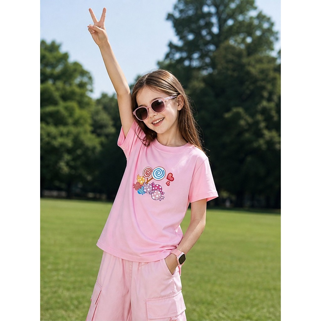 Meninas Pirulito Doce Impressão Algodão Camiseta Bonito Manga Curta Topo Crianças Presente De Aniversário