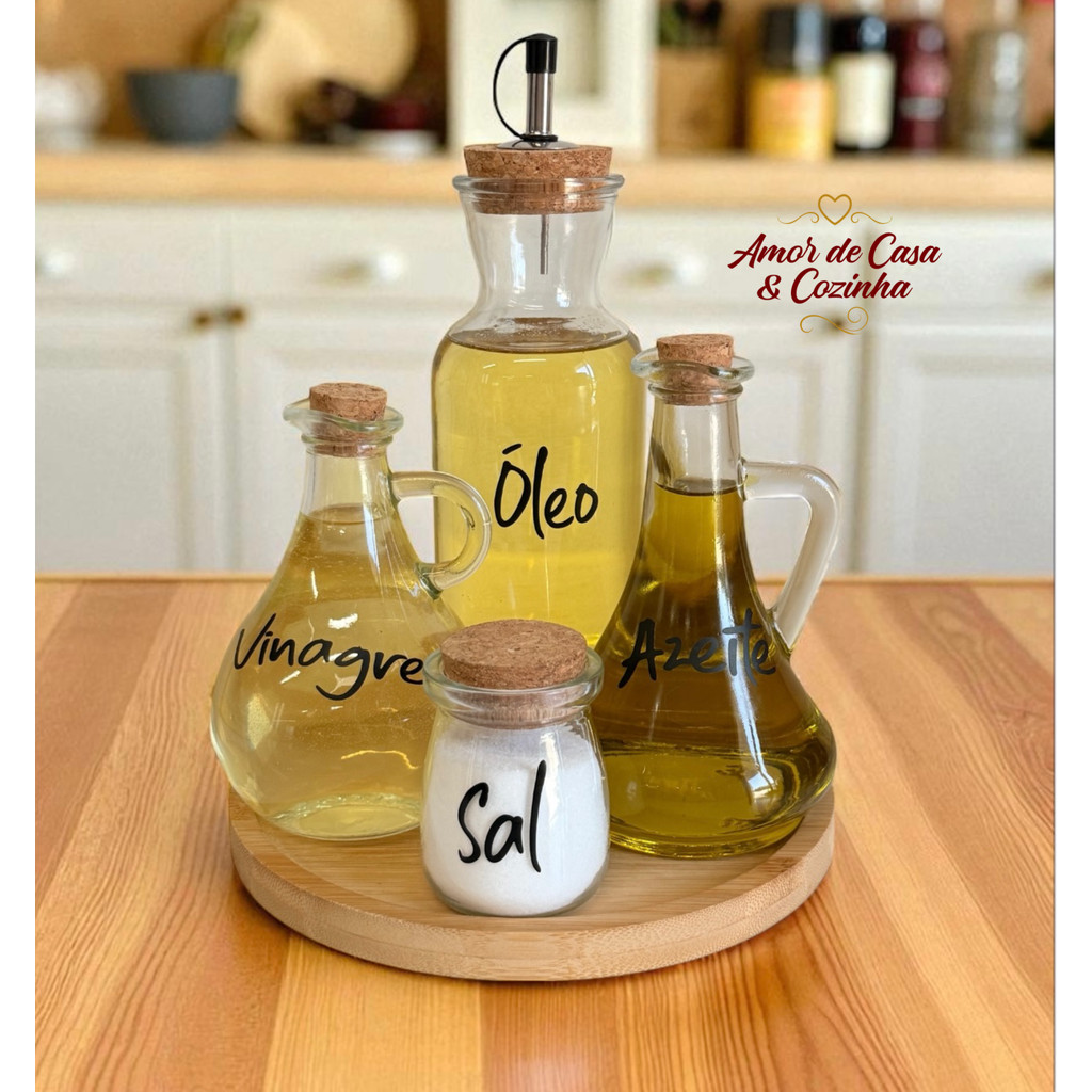 KIT GALHETEIROS SALEIRO E BANDEJA 5 PEÇAS DE VIDRO E BAMBU em Oferta na Shopee