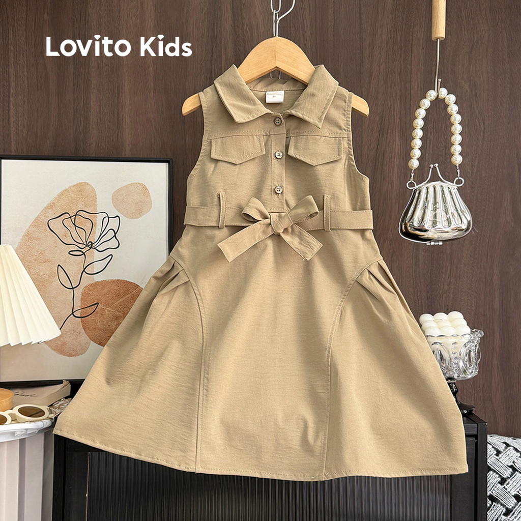 Lovito Kids Vestido Casual com Cinto Botões Bolso Falso Primavera/verão Caqui LNL119170 em Oferta na Shopee