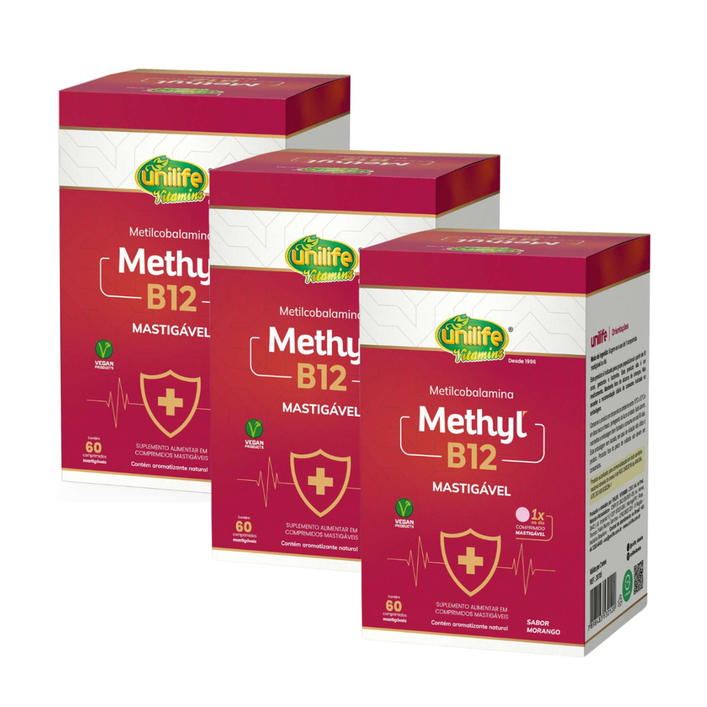 Kit 3 Un - Vitamina B12 Methyl Morango 60 Comprimidos Mastigáveis Unilife