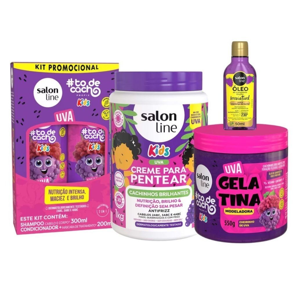 Kit Salon Line Kids Uva Shampoo e Condicionador + Creme de Pentear+ Gelatina + Óleo Reparador
