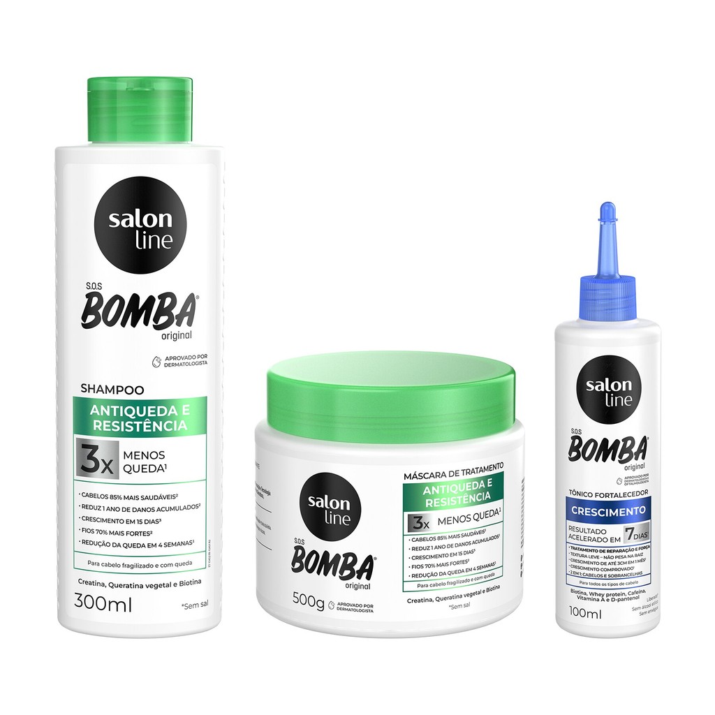 Kit com Tônico Fortalecedor + Condicionador Antiqueda + Máscara de Hidratação SOS Bomba Salon Line em Oferta na Shopee