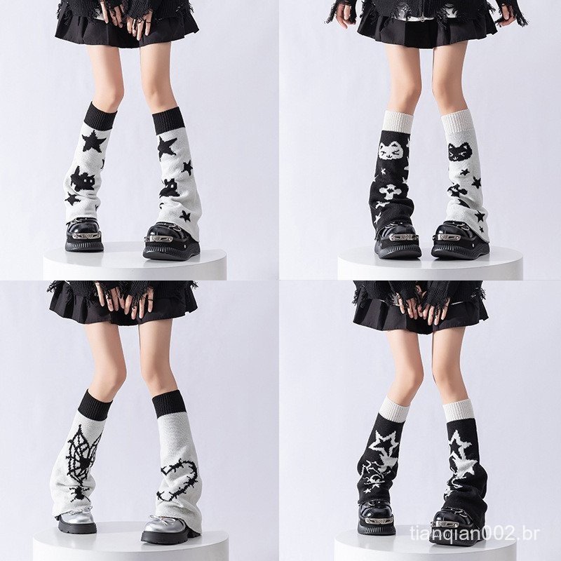 Japonês Bonito Malha Polainas Casual Doce Y2k Gato Estrela Impressão Dois Lados Usar Meias Femininas Vintage Harajuku Qu