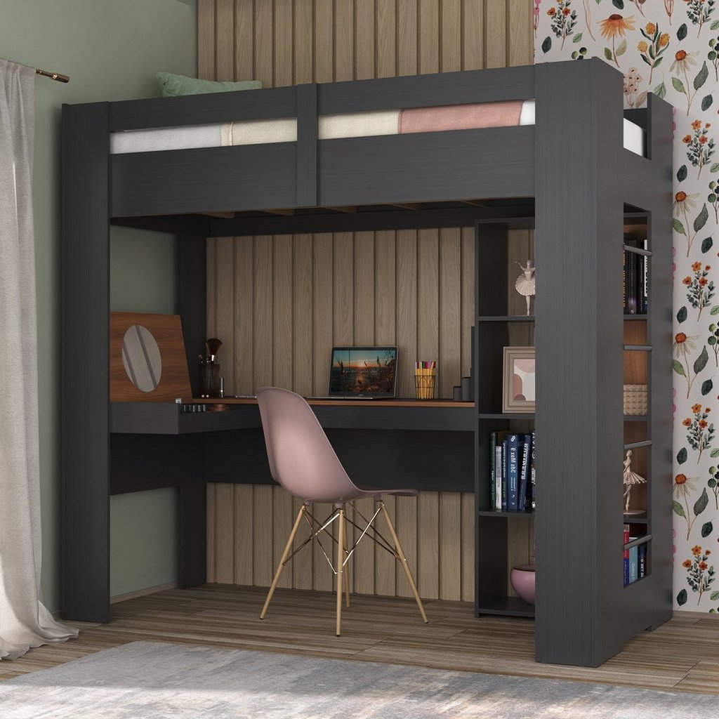 Cama Alta Multifuncional com Escrivaninha Penteadeira Nogal/Grafite em Oferta na Shopee