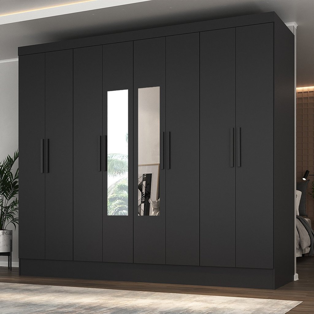 Guarda-roupa Casal 100% MDF com Espelho 8 Portas 4 Gavetas Jatobá Yescasa  Preto em Oferta na Shopee