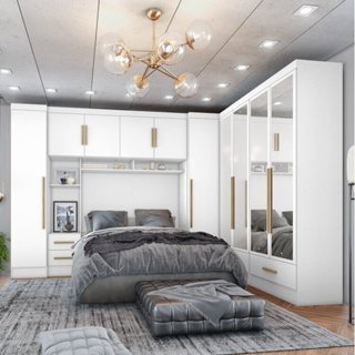 Quarto de Casal Completo 5 Peças 6 Portas 4 Gavetas com Maleiro e Espelhos Smart Plus Branco em Oferta na Shopee