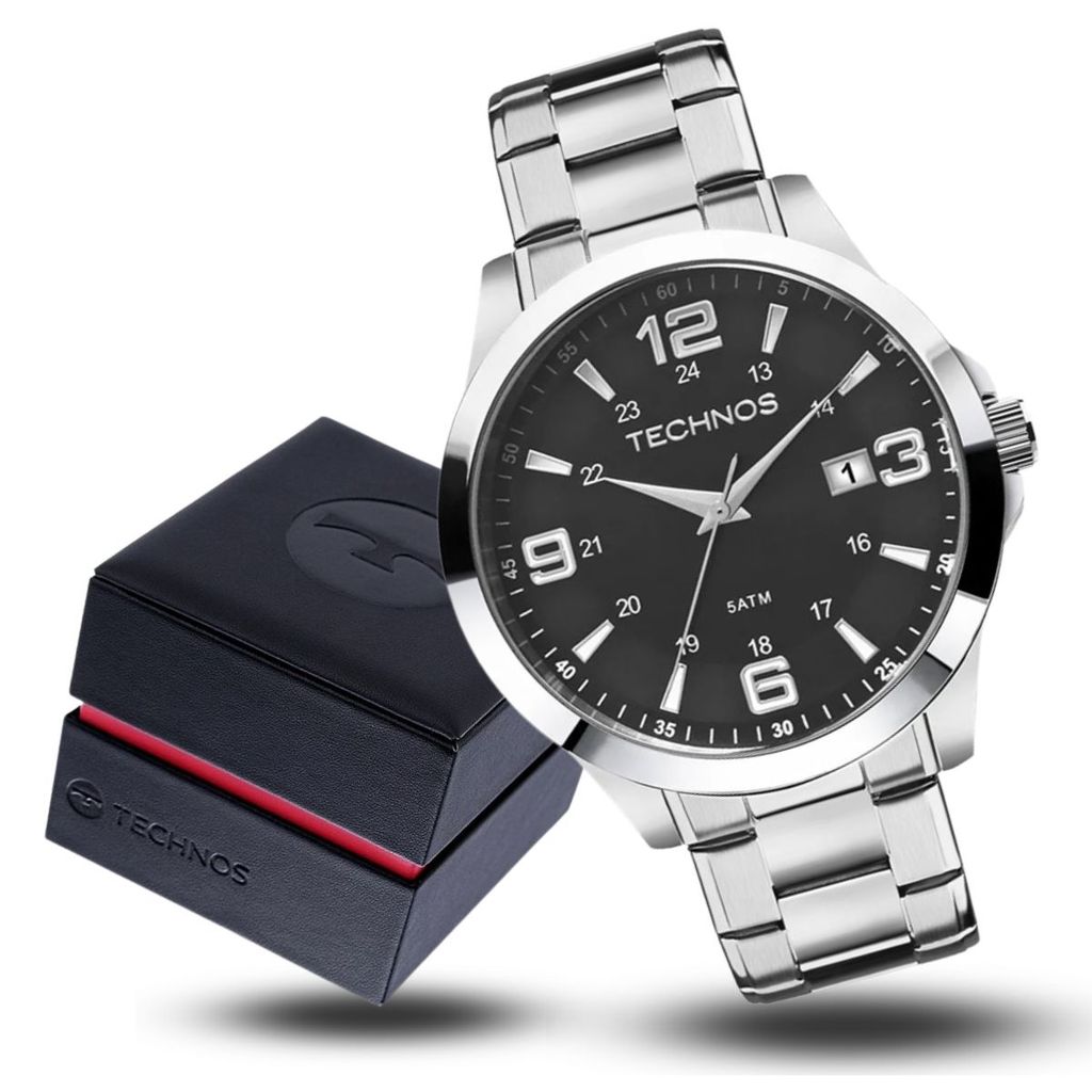 Relógio Masculino Technos Aço Prata Mostrador Preto Original
