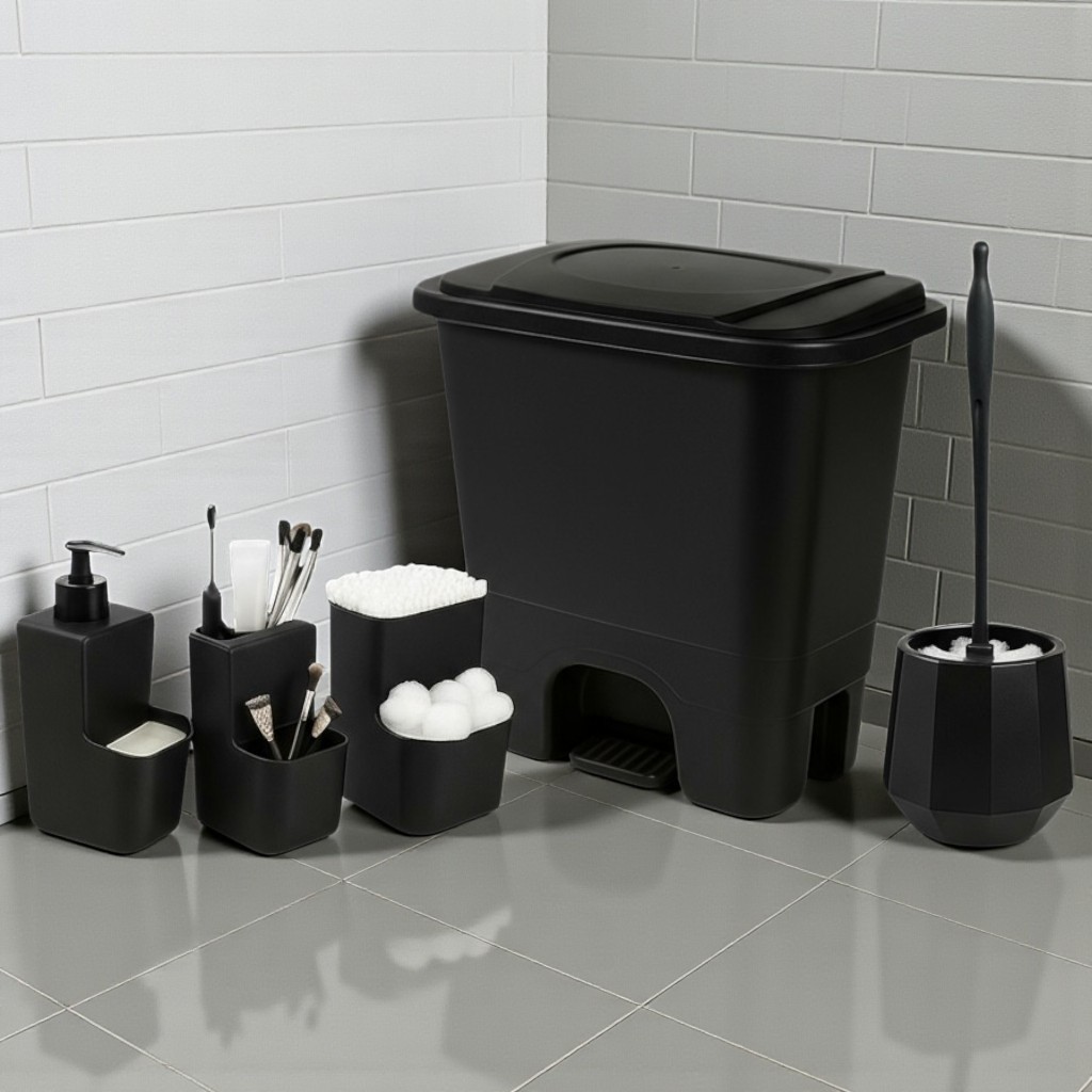 Kit Banheiro 5 Peças – Lixeira 13L Pedal + Escova Sanitária + Dispenser 400ml + Porta Escova + Porta Cotonete em Oferta na Shopee