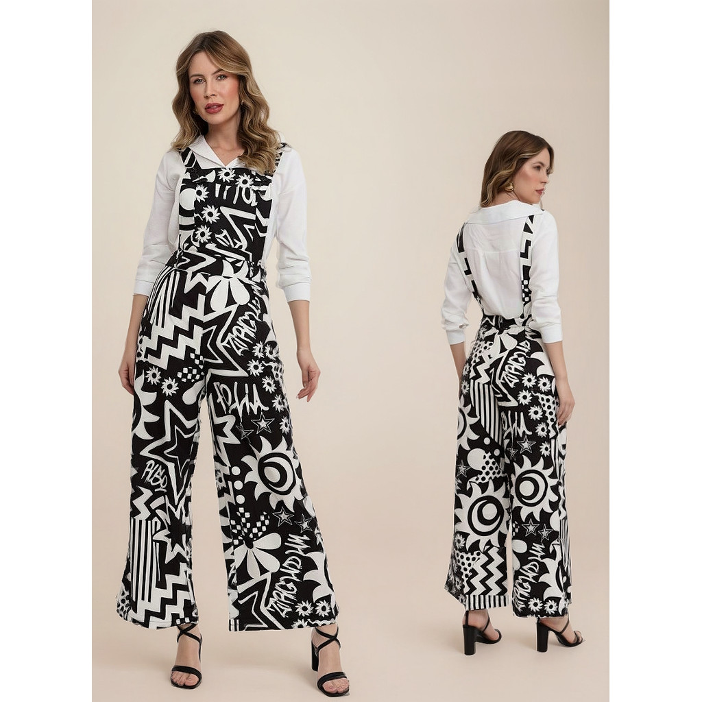 Macacão Feminino Jardineira Pantalona Estampado