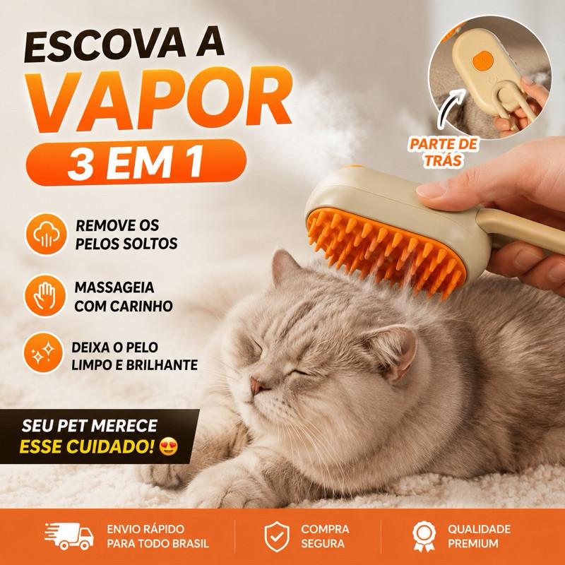 Escova Pet 3 em 1 a Vapor para Cães e Gatos Removedor de Pelos Massageador Elétrico Banho a Seco