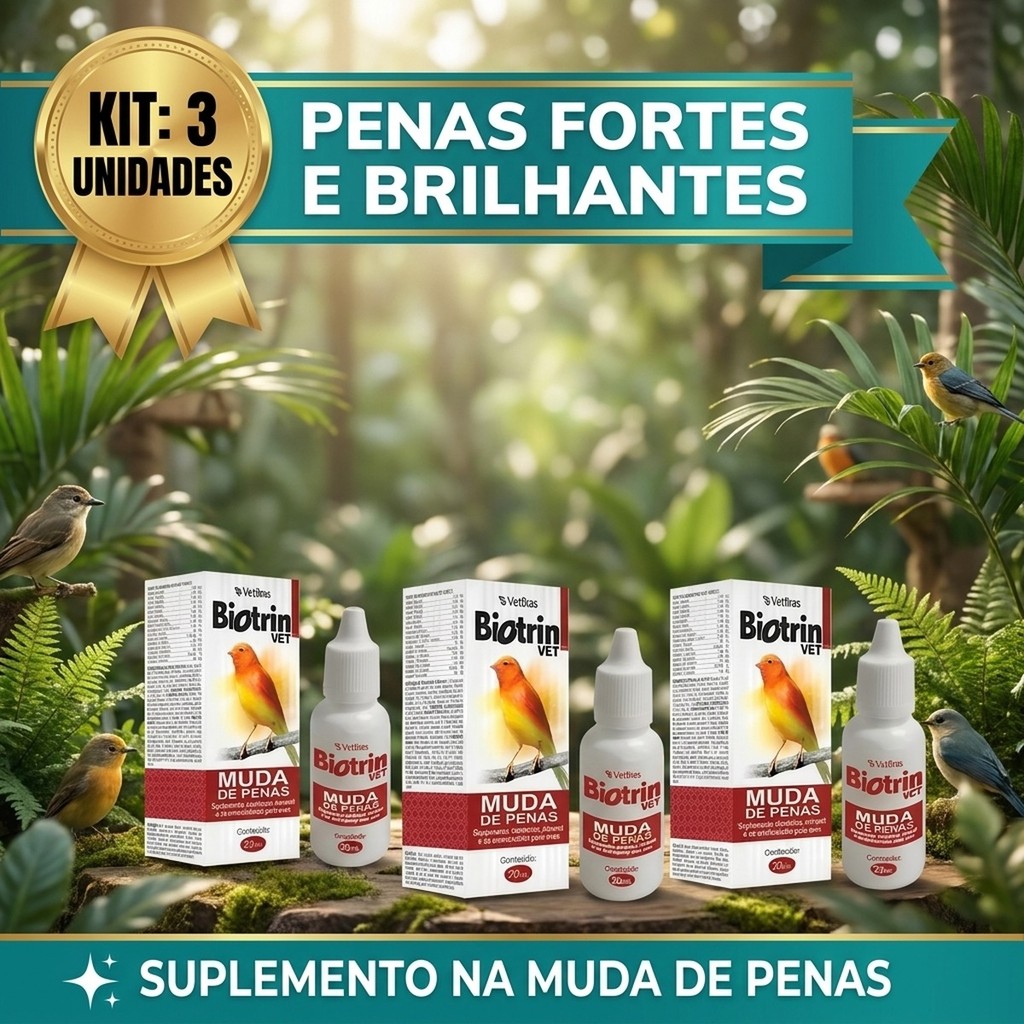 Kit 3 Biotrin Muda Penas 20ml Suplemento Pássaros Aves Plumagem Brilho Canto Canário Periquito