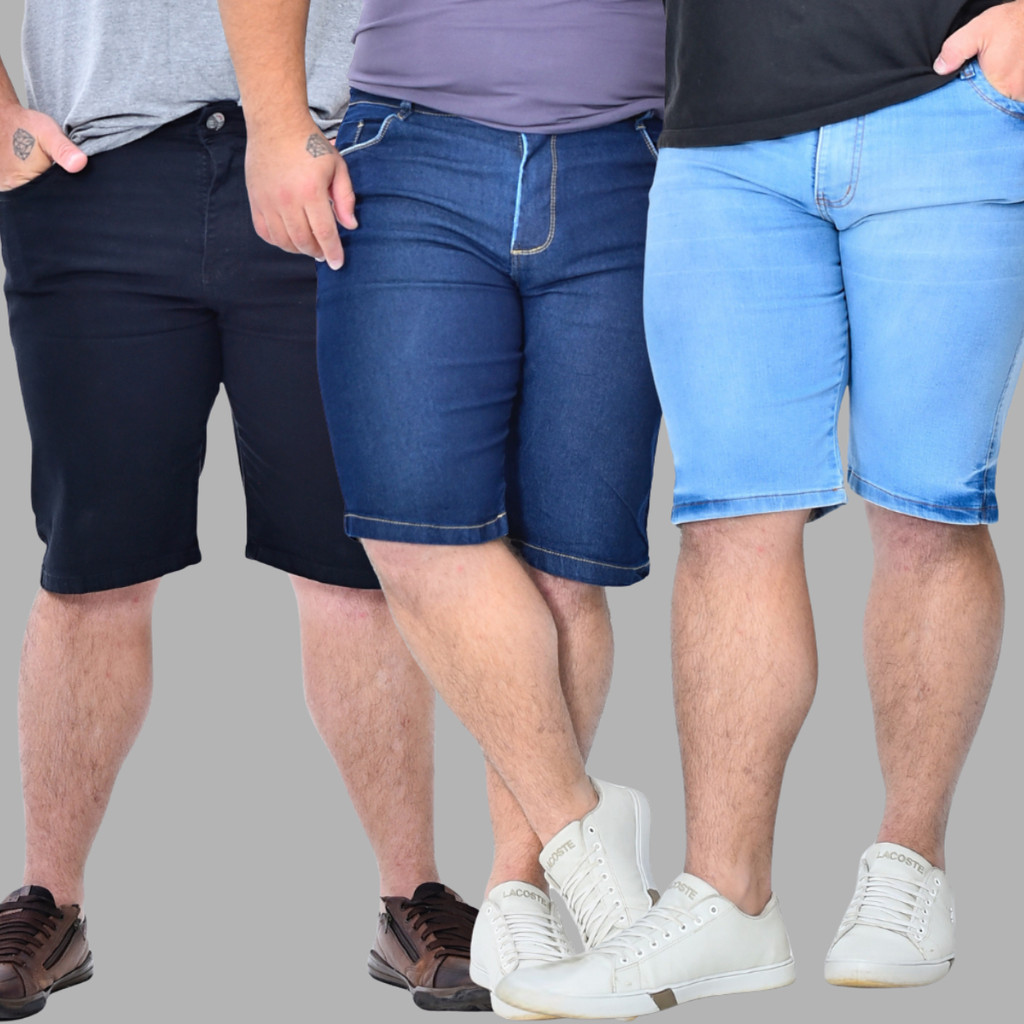 Kit 3  Bermudas Jeans Calção Shorts Masculinas Plus Size Lycra Elastano Casual Conforto Tamanhos Grandes Estilo