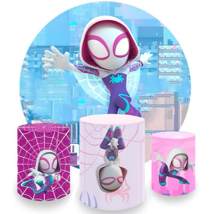 Kit Capas Painel Redondo E Capas De Cilindro Sublimado Decoração Tema Menina Aranha | Envio Rápido