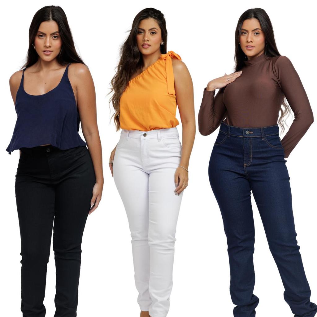 Kit Calças Jeans Feminina Empina Bumbum Lycra Skinny Azul/Preta/Branca Conforto e Estilo