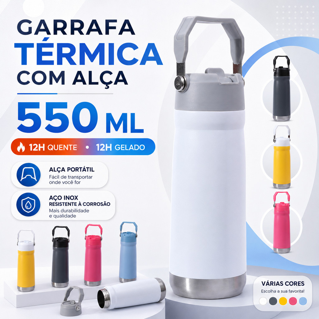 550ml Garrafa Térmica Inox Parede Dupla Alça Canudo Quente Fria Academia Escola