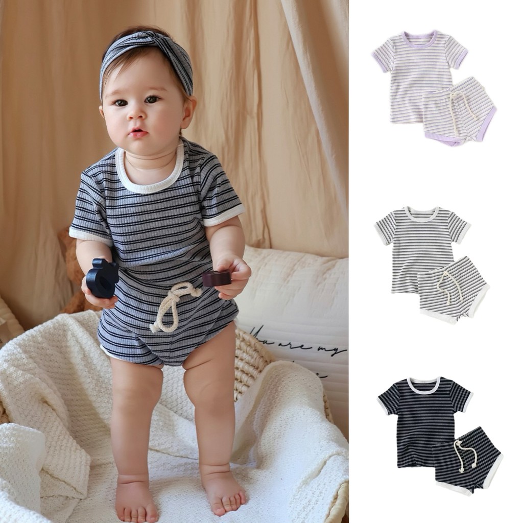 Estilo nórdico listrado bebê puro algodão Shorts de manga curta conjunto verão masculino feminino bebê em torno do pesco