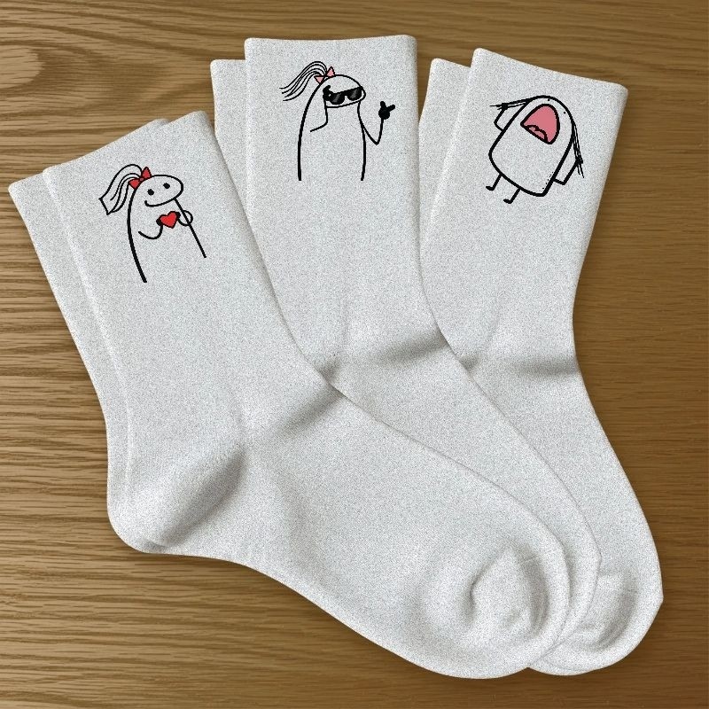 Kit 3 Pares Meias Femininas Brancas Flork Algodão Premium Estampadas Macias Confortáveis Casual Academia TreinoTendência
