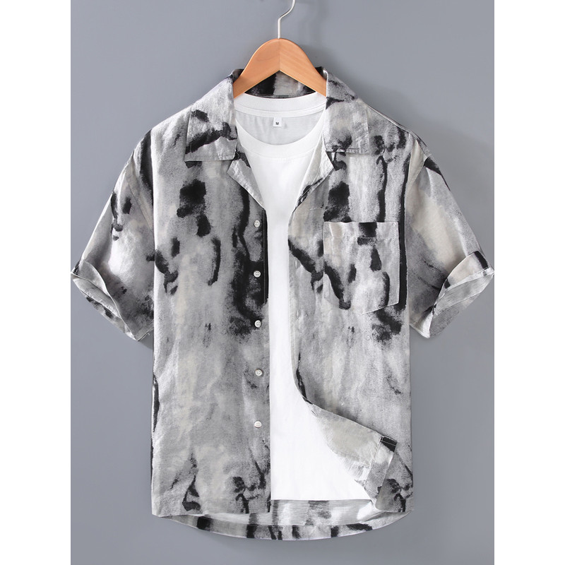 Camisa de manga curta de linho estampada com tinta respingo exclusiva, respirável, confortável, camisa de praia, algodão