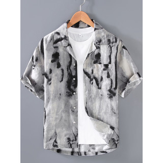 Camisa de manga curta de linho estampada com tinta respingo exclusiva, respirável, confortável, camisa de praia, algodão