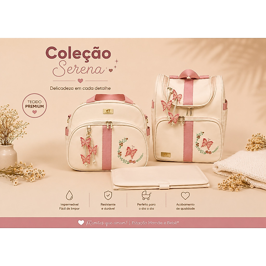 Kit Bolsa Maternidade e Mochila de Bebe Luxo Impermeável Premium Coleção Serena - 3 peças