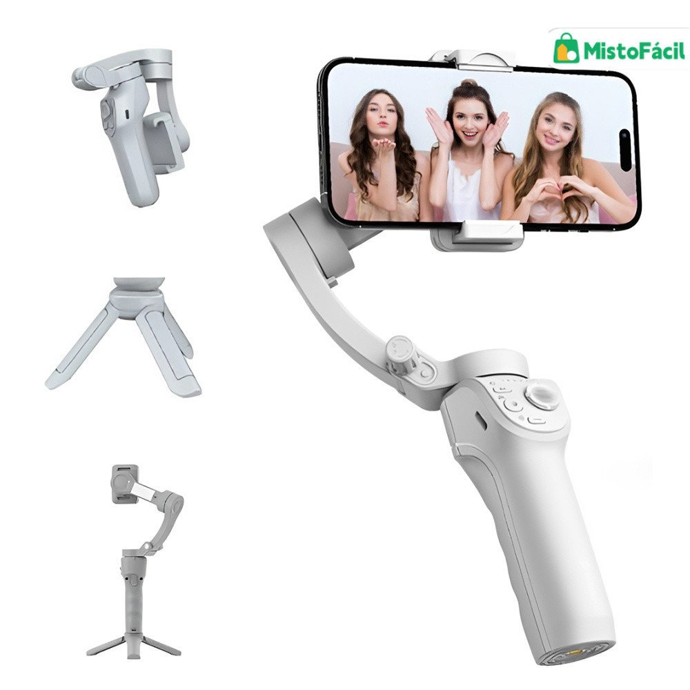 Gimbal Estabilizador de Celular com IA, Rastreamento de Rosto e Tripé Dobrável Profissional para Vídeos
