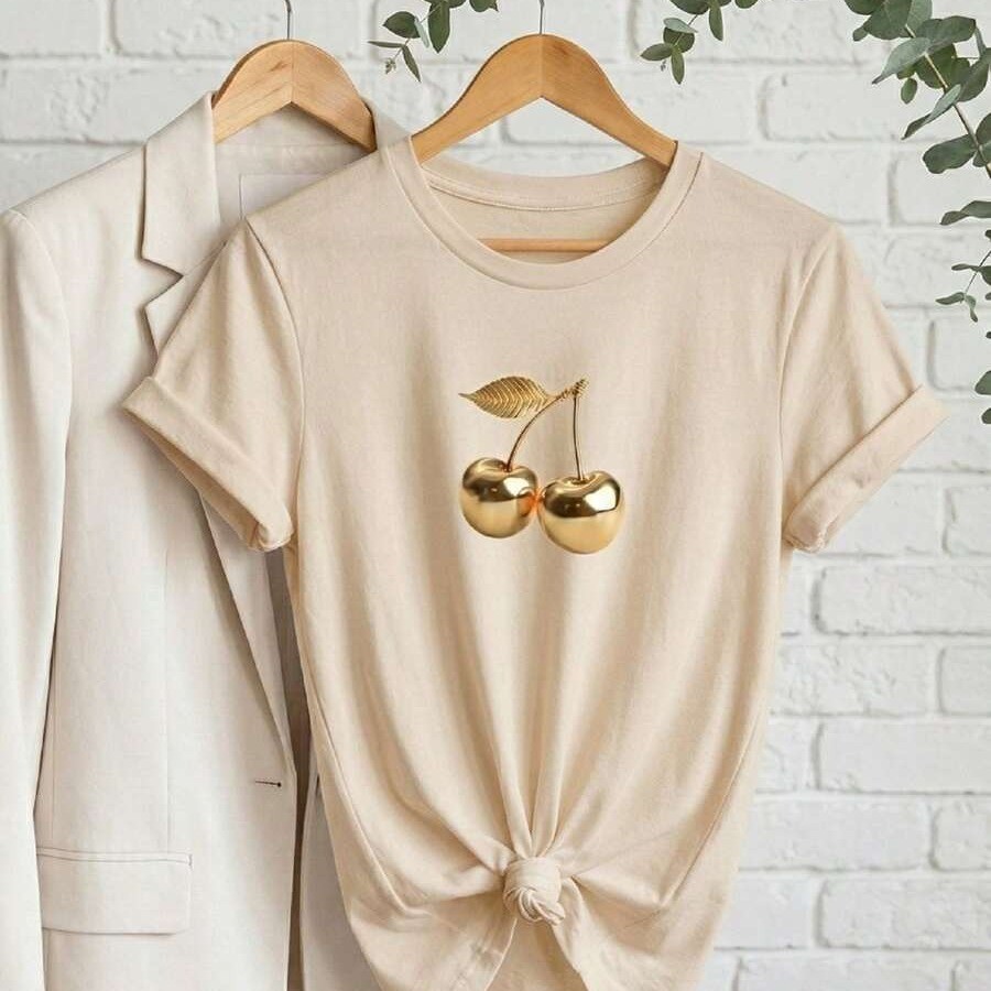 Camiseta Feminina, Estampa Cereja Dourada - Blusinha T-Shirt Em Algodão Confortável Para Mulher
